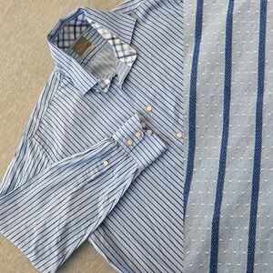 Thomas Dean Mens XL Blue Stripe Dotted Long Sleeve Button Up Shirt 100% Pima